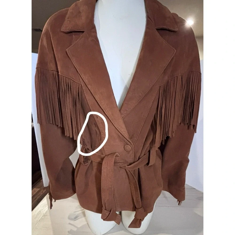 Vintage Vakko Leather Fringe Western Jacket Womens S Brown Western Cowgirl - Picture 14 of 15